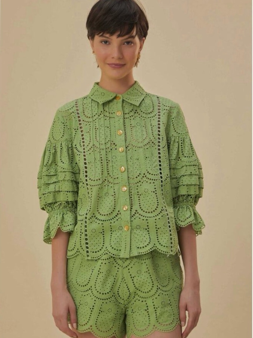 Farm Rio Pineapple Eyelet Scalloped Hem Button-Front Blouse Green Women's Small